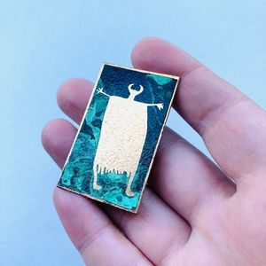 Vintage Copper Art Brooch with Oxidized Shaman Horns Figural Design Tribal